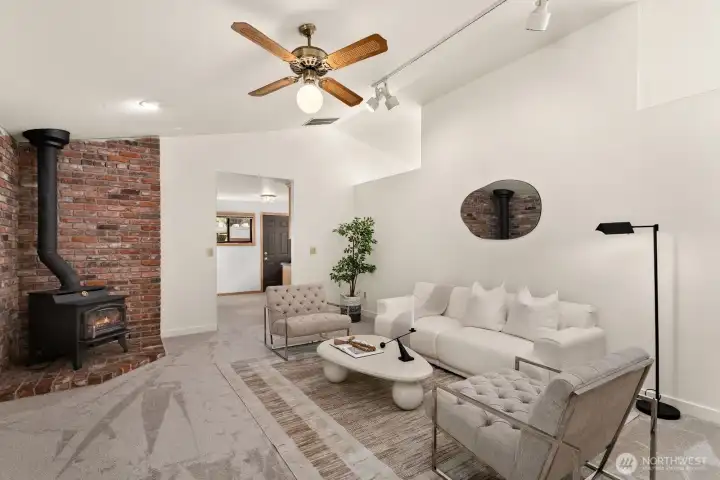 First living area features a wood burning stove