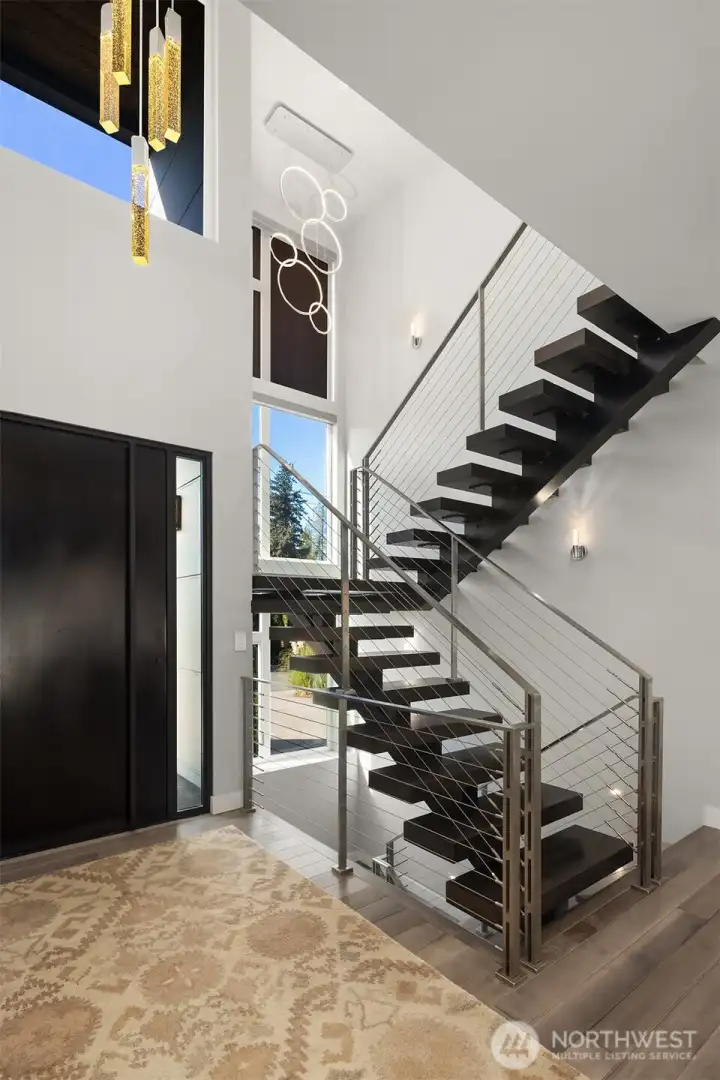 Grand entry with luxury lighting and oversized pivot door.