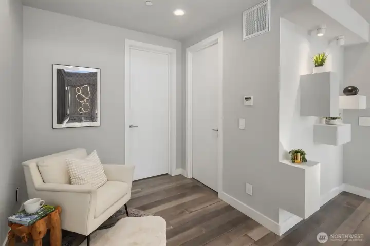 Cozy sitting area at the top of the stairs.