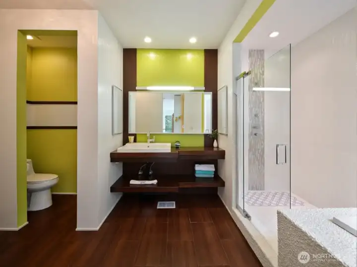 Primary bath, separate shower, tub, private toilet area & walk in closet