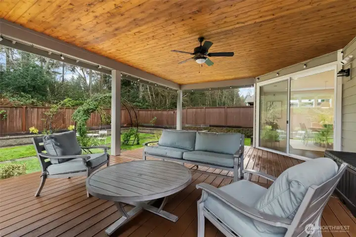 Lounge or play in this beautifully manicured backyard.