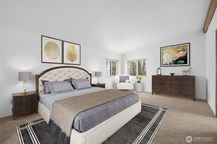 spacious primary bedroom retreat with ample room for a king-size bed and additional furnishings. Photo virtually staged.