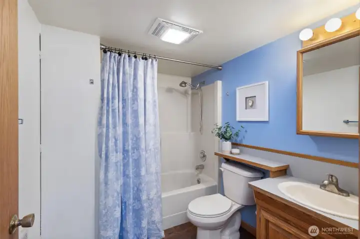 Lower level full bath with linen closet.