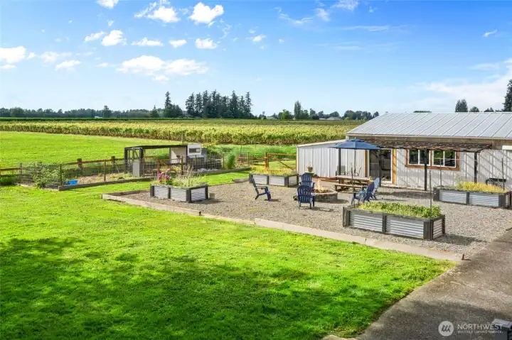 Another view of entertainment barn with firepit just outside