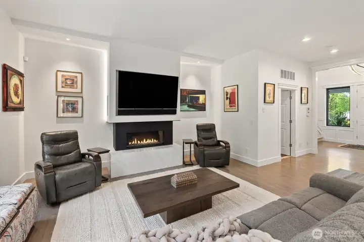 Custom made steel wrapped gas fireplace in the great room.
