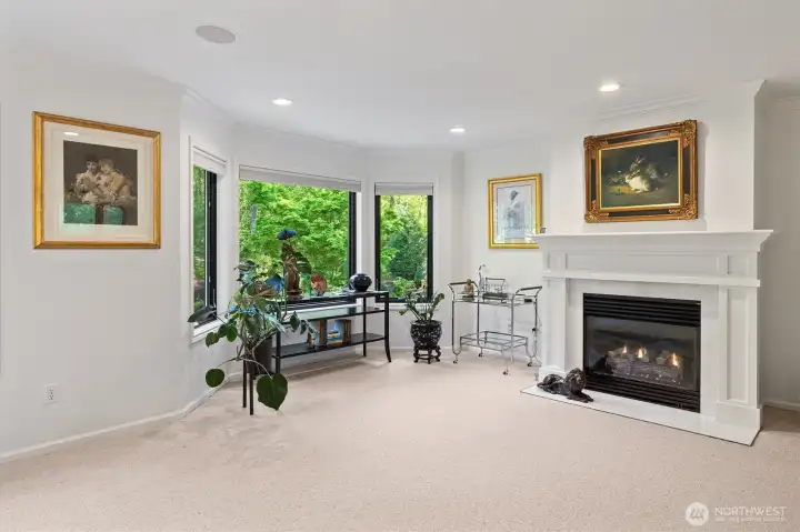 Seating area in primary bedroom with gas fireplace.