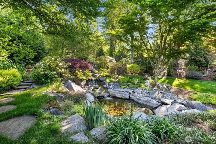 Amazing water feature is the highlight of this incredible yard. Big enough to dip your feet in on warm summer days. Runs year-round and has a newer pump and filter.