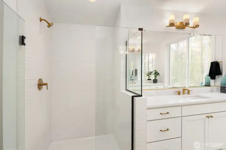 Primary shower with beautiful full height 12x22 wall tile in blade white