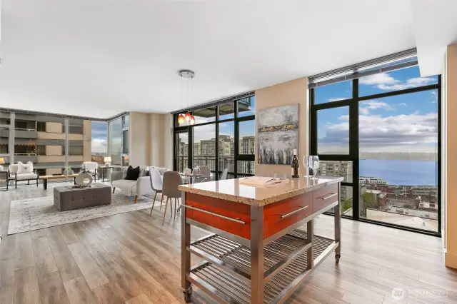 Kitchen island is moveable for versatility