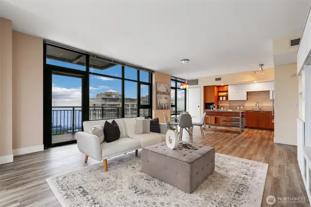 Living room & kitchen have Elliott Bay views
