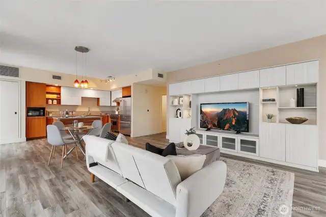 Living room with a custom built in cabinet for additional storage