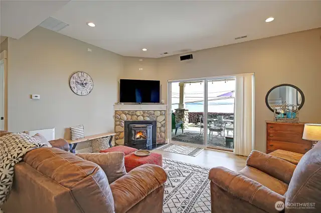 The ground level Family Room with cozy pellet stove.