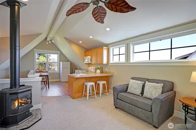 The apartment's main living area. Note the free-standing propane fireplace. Electric heat is also available.