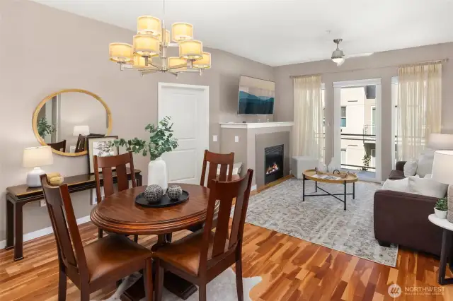 Kitchen flows easily to dining and living areas.