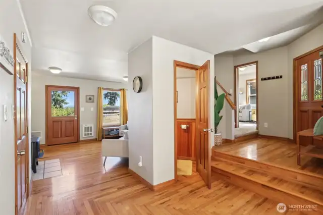 Main house: Kitchen facing entry and back door and living room.