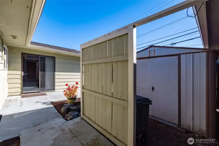 Storage area with a small shed.