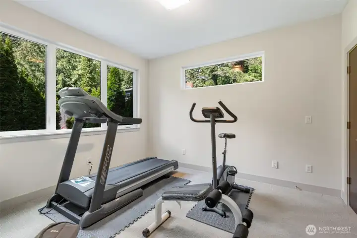 One of 4 private bedrooms, this one currently being used as a fitness room.