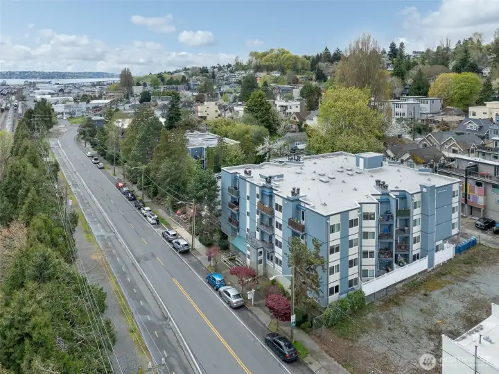 Aerial view looking SW. A dedicated bike lane is on the left linking the Elliott Bay & Burke Gilman trails.