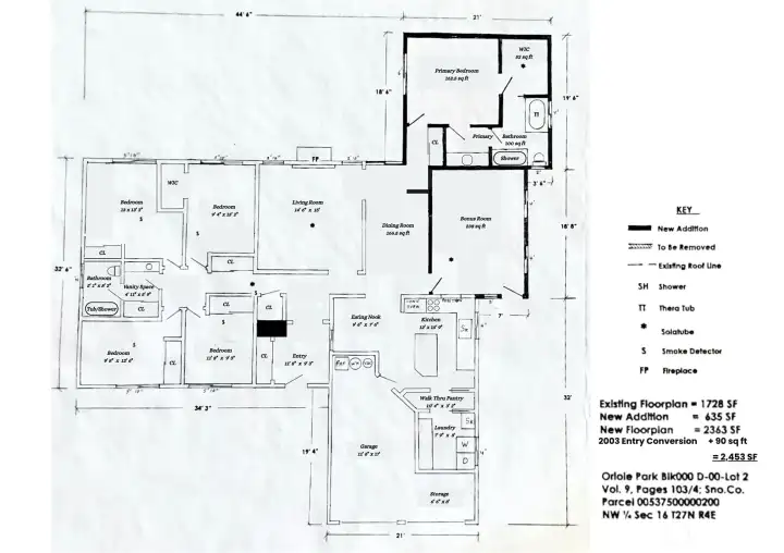 Architectural floor plan with calculation of addition for total SqFt