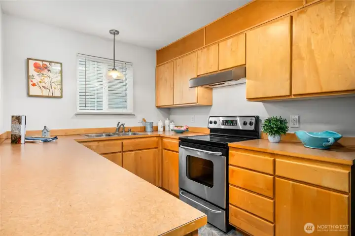 Kitchen with stainless steel appliances, nice lighting and lots of places to store things.