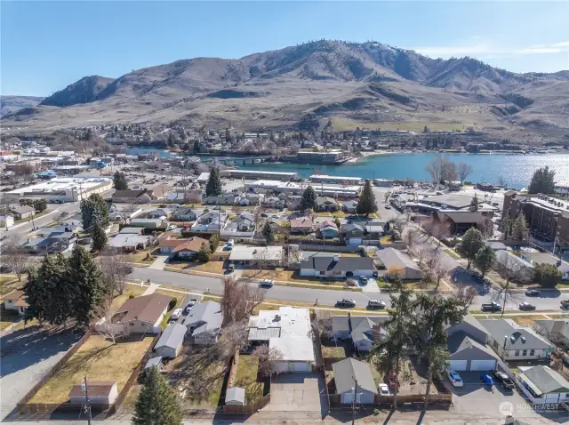 Drone footage of town & Lake Chelan River