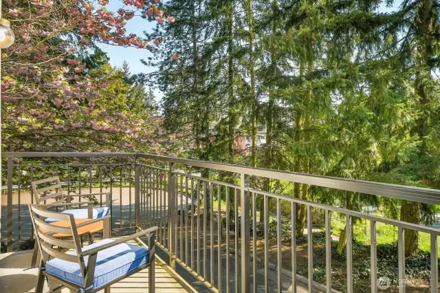 Enjoy morning sunshine on the private deck just off the living room.
