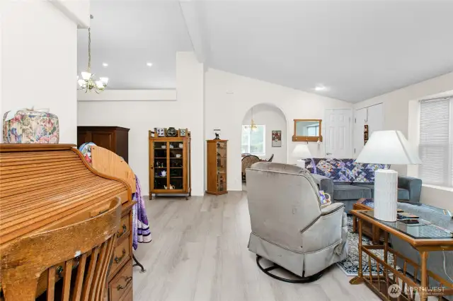 You enter into a spacious 3 bedroom,  bath home home. The vaulted ceilings and open floor plan lend itself to a comfortable space.