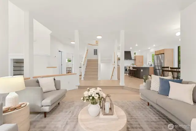 The stop down into the living room creates a separation from the rest of the space while the openness allows everyone on the main floor to interact.