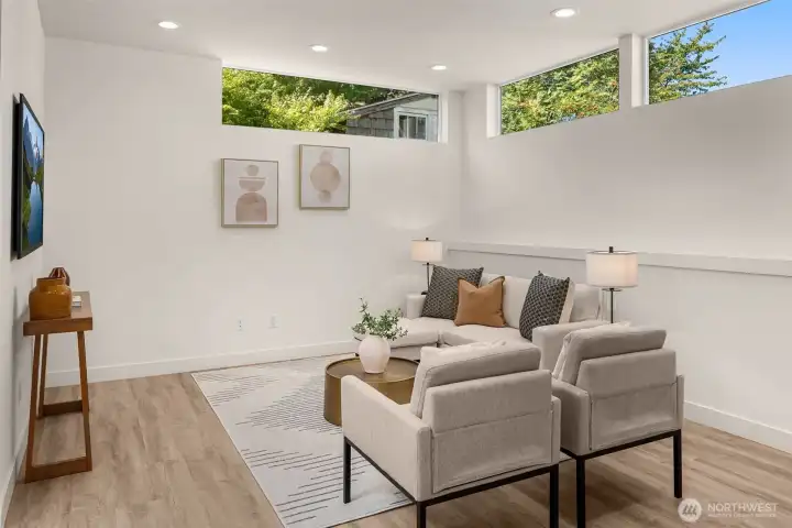 Bright open-concept living area.