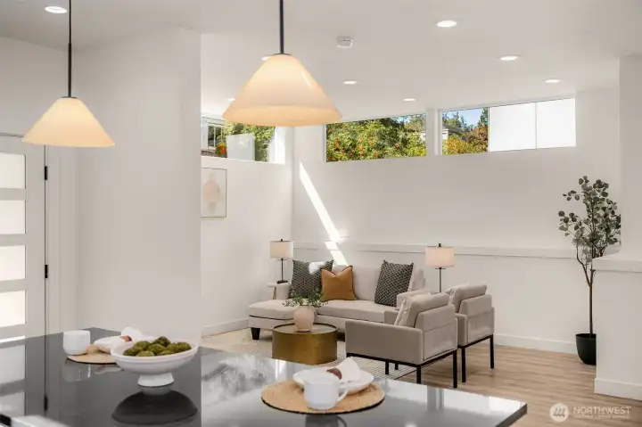 Comfortable living and dining filled with natural light.