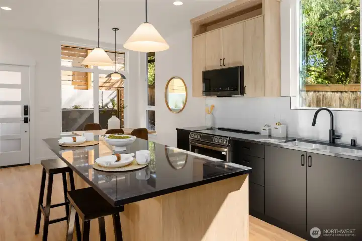 Oversized island with pendant lighting.