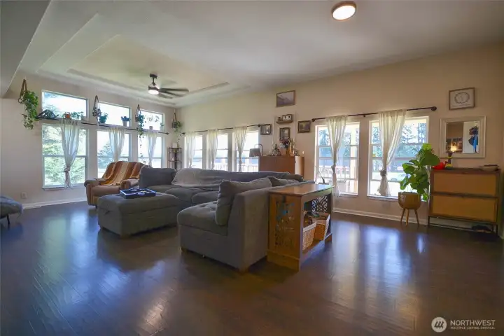Bright living room filled with natural light from an abundance of windows.