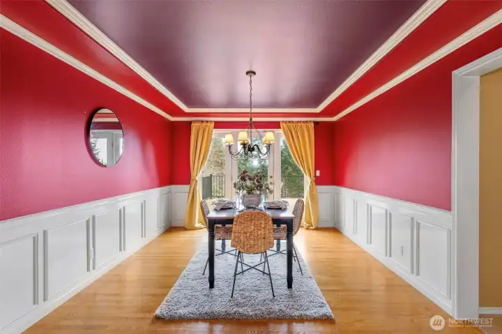 Formal dining room with elegant wainscoting!