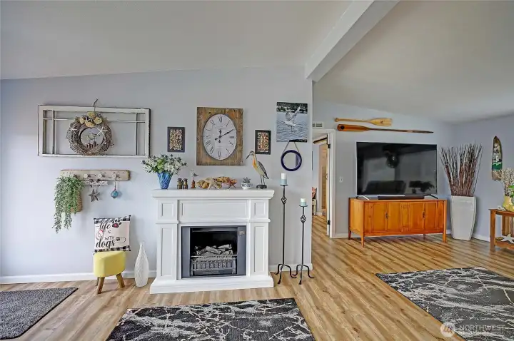 Inviting living area with a removable electric fireplace feature.