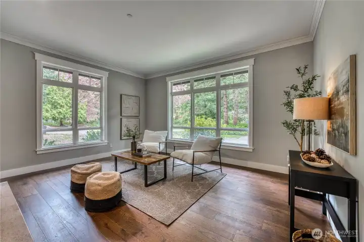Front entry sitting area with gas fireplace
