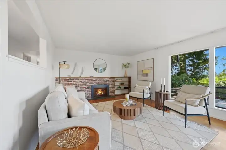 Large living room warmed by the gas fireplace. Large living room warmed by the gas fireplace.