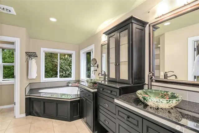 Renovated primary bath features vessel sinks, Jacuzzi tub and artful stone & tile shower.