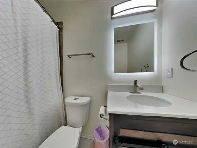 Main bathroom, nice fixtures, mirror, and cabinet