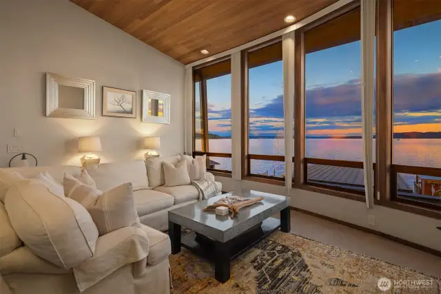 The main room enjoys numerous areas including this cozy living space ideal to rest while gazing at the stunning views after a long day on the water.
