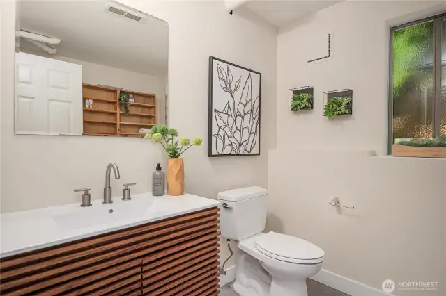 The lower level bathroom just off the rec room.