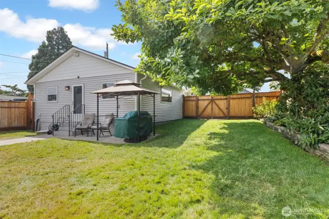 A flat backyard for easy mowing. Alley access to the garage and to the backyard directly--possible RV parking. The landscaping includes some beautiful plants & flowers & this fantastic flowering tree just getting ready to bloom.