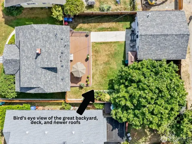 Bird's eye view showing the great backyard, deck, and newer roofs.