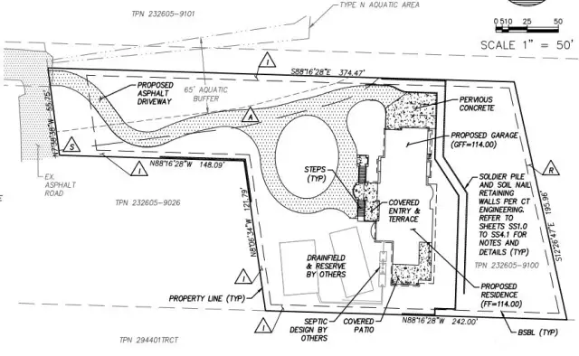 Image is a rendering of the site plan for home designed by Nash and Associates.