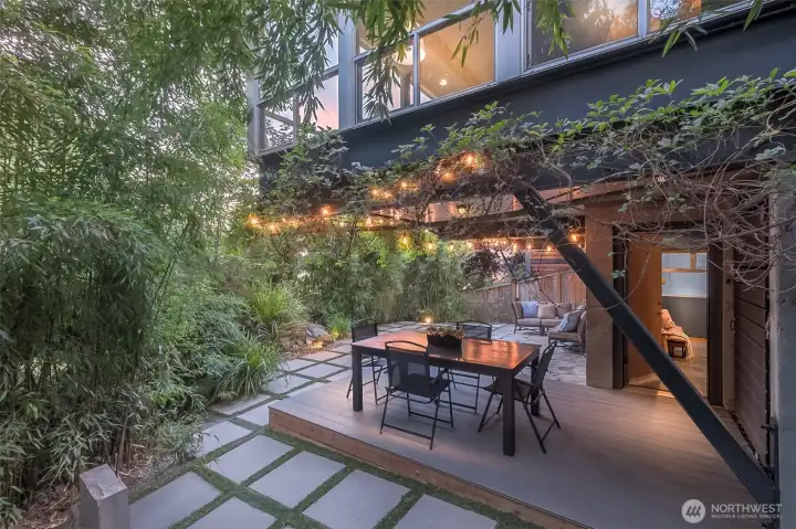 Fabulous back patio, surrounded by bamboo.