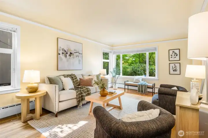 Inviting living room with picture window.