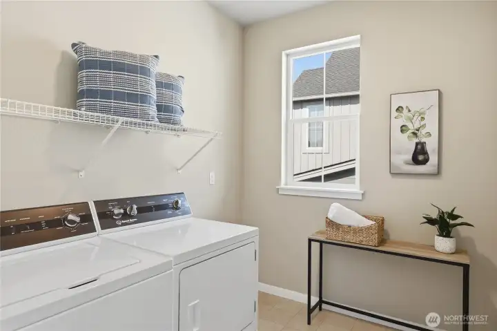 Conveniently located at the top of the stairs, the laundry room offers additional storage space for linens, pet supplies, and everyday essentials. Conveniently located at the top of the stairs, the laundry room offers additional storage space for linens, pet supplies, and everyday essentials.