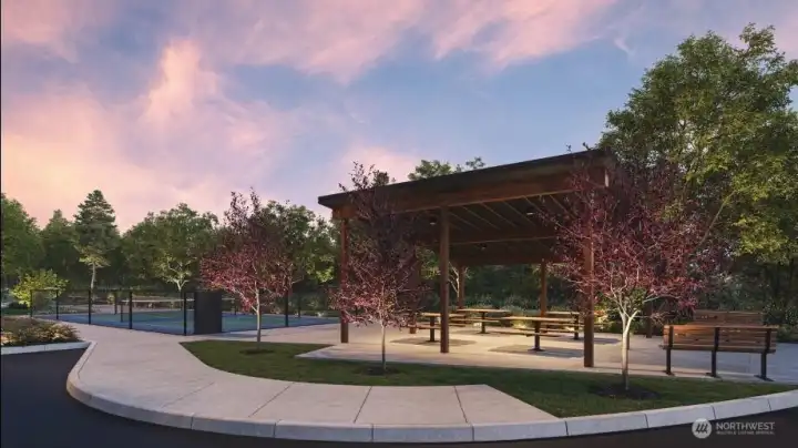 Rendering of covered picnic area and pickleball court Rendering of covered picnic area and pickleball court