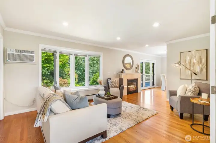 A fireplace warms this space and adds charm