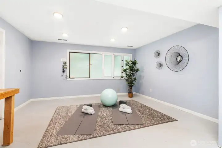 Tucked behind the lower level laundry room, this studio space is an incredible flex space: home gym, second office pr...