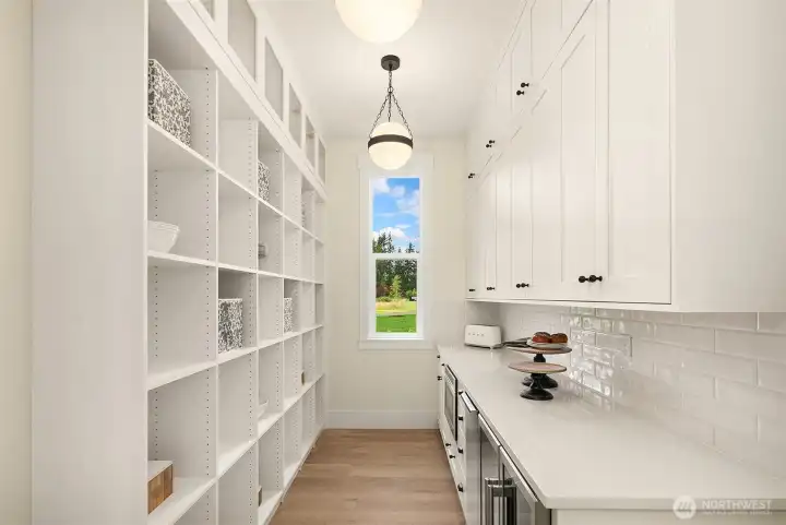 Butler's Pantry w/ Built In Ice Maker, Fridge and Shelving